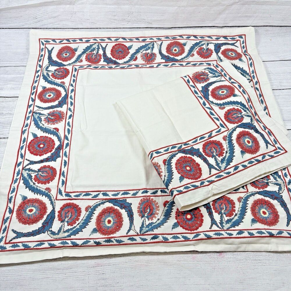 POTTERY BARN ANU SUZANI Embroidered Euro Shams (2) Blue Burgundy 26x26 Cotton
